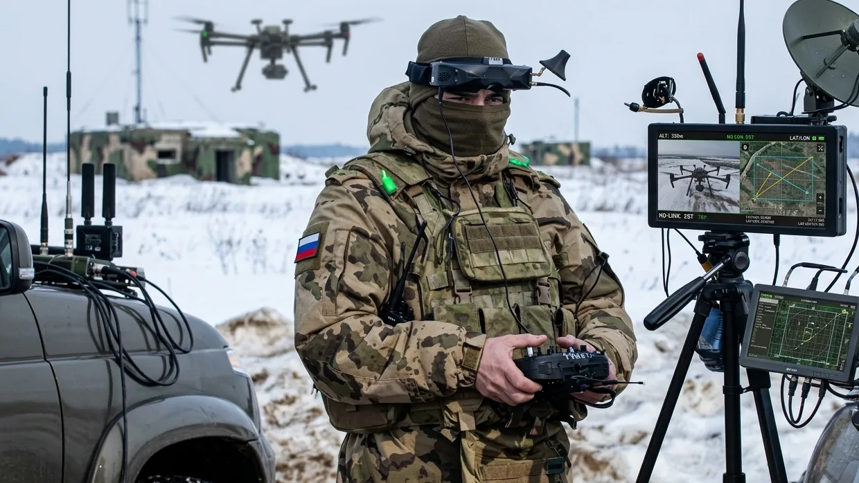Оператор расчёта БПЛА с пультом управления, дрон в воздухе, станция наведения на зимнем полигоне